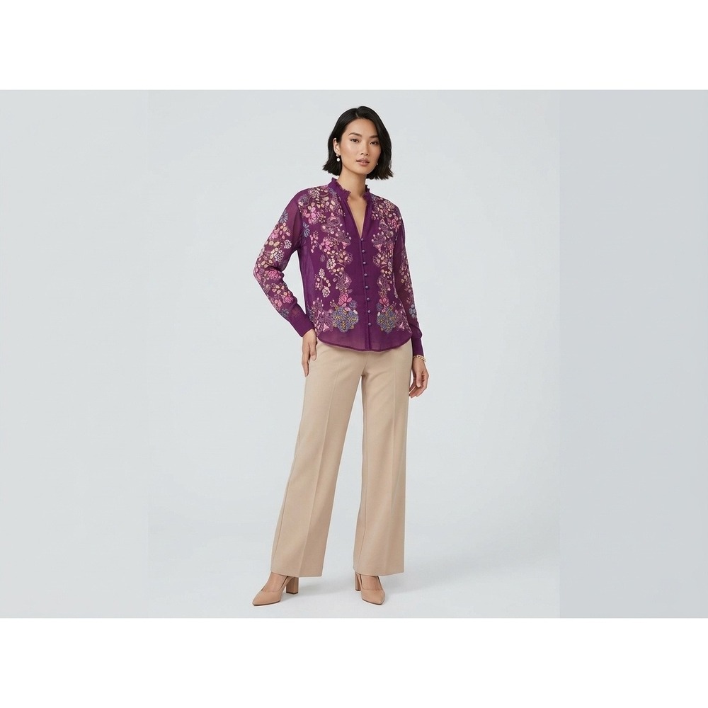 Pilcro Anthropologie Blouse Women Purple Floral Boho Button Front Blouse Size M